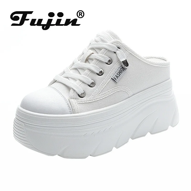 Fujin 9cm בד עור אמיתי נשים קיץ נעלי טריז נעלי פלטפורמת נעלי בית נעליים להחליק על סנדלים Slideds עקב גבוהות התמונה 0