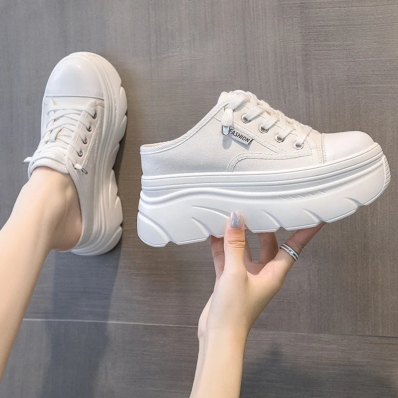 Fujin 9cm בד עור אמיתי נשים קיץ נעלי טריז נעלי פלטפורמת נעלי בית נעליים להחליק על סנדלים Slideds עקב גבוהות התמונה 5
