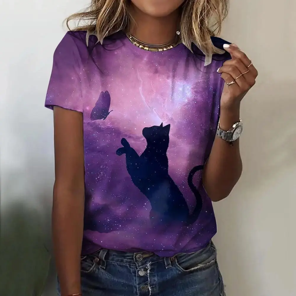 אופנה בנות חולצות בגדי קיץ חתול גרפיקה חדשה O-צוואר קצר שרוול חולצות נשים Y2k אופנת רחוב בנות חולצות Tees 2023 התמונה 1
