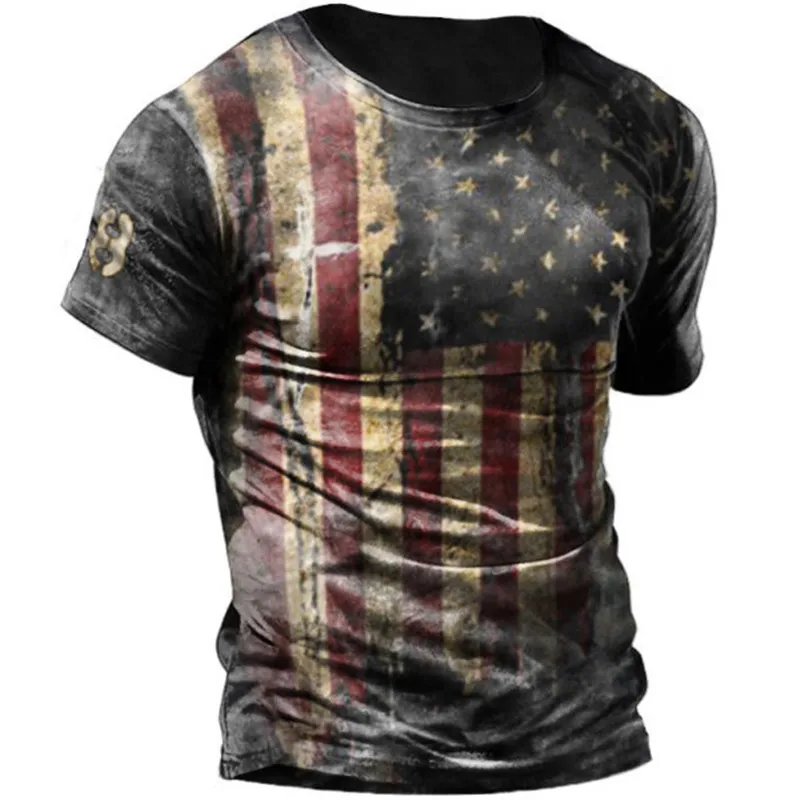 בציר קיץ חולצות לגברים לנו דגל 3D מודפס אופנת רחוב פוליאסטר O-צוואר קצר שרוול רופף גברים בגדים מנופחים חולצה התמונה 0