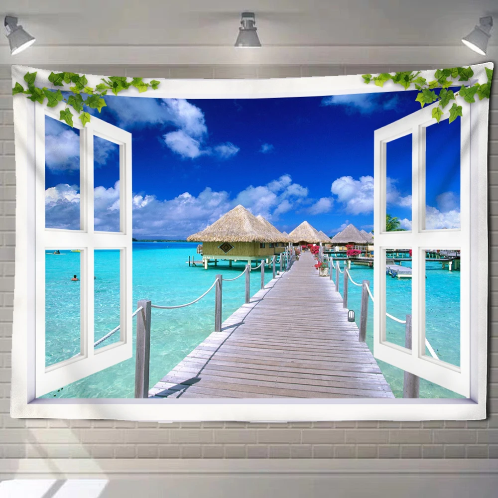 חוף נוף חלון הציור שטיח קיר היפי Tapiz פסיכדלי רקע באומנות עיצוב הבית התמונה 0