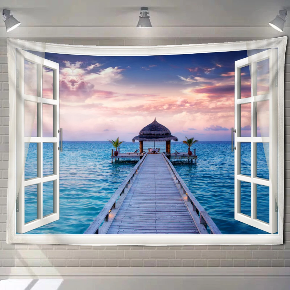 חוף נוף חלון הציור שטיח קיר היפי Tapiz פסיכדלי רקע באומנות עיצוב הבית התמונה 1