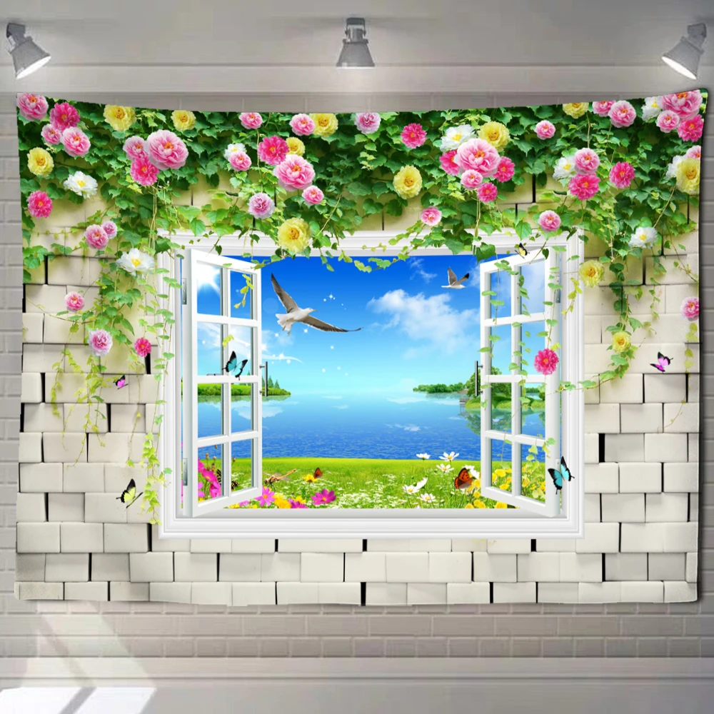 חוף נוף חלון הציור שטיח קיר היפי Tapiz פסיכדלי רקע באומנות עיצוב הבית התמונה 2