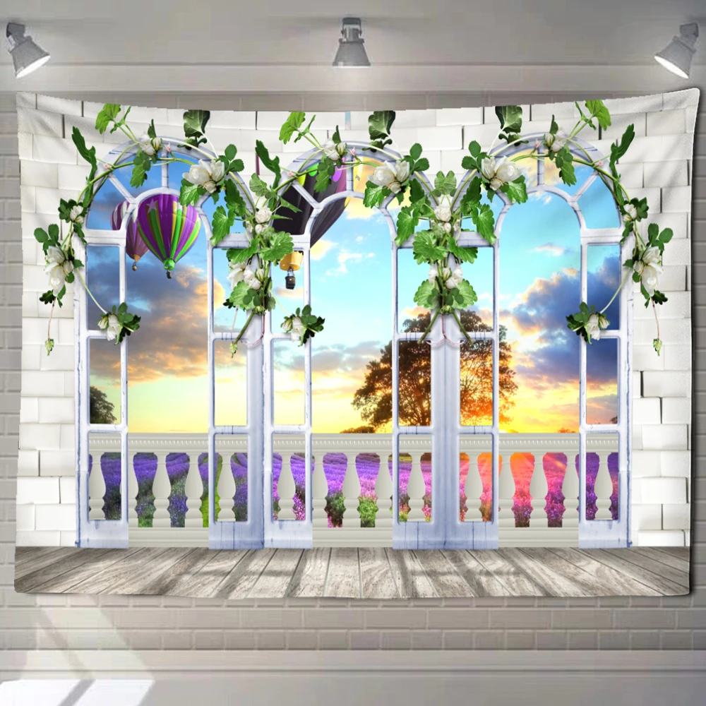 חוף נוף חלון הציור שטיח קיר היפי Tapiz פסיכדלי רקע באומנות עיצוב הבית התמונה 3