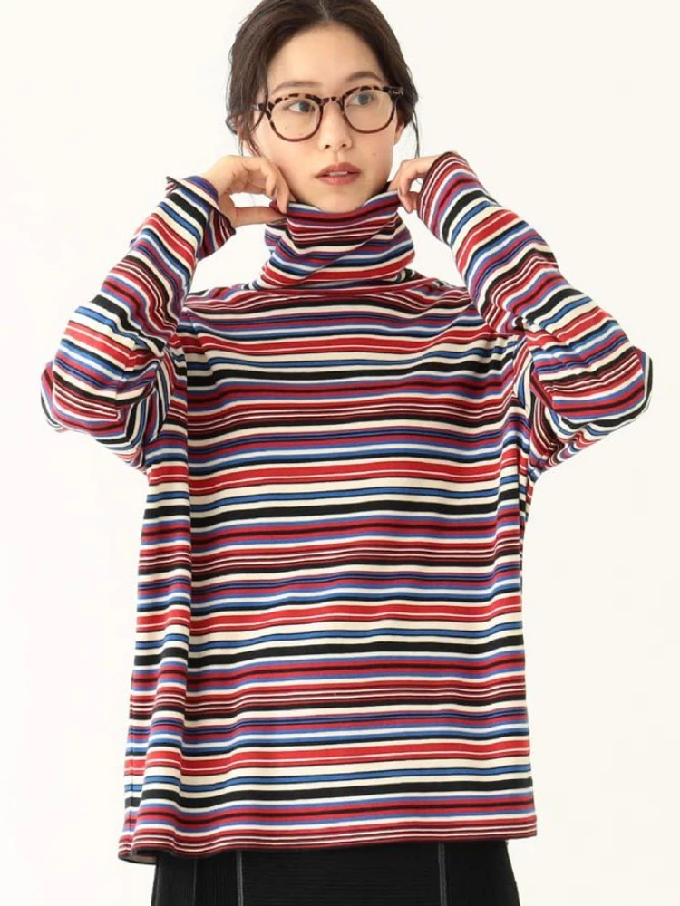 צווארון צוואר חולצות נשים צבעוני פסים וינטג ' שיק חולצות שרוול ארוכות חופשי אופנת רחוב מזדמן אופנה כל-התאמה סתיו התמונה 3