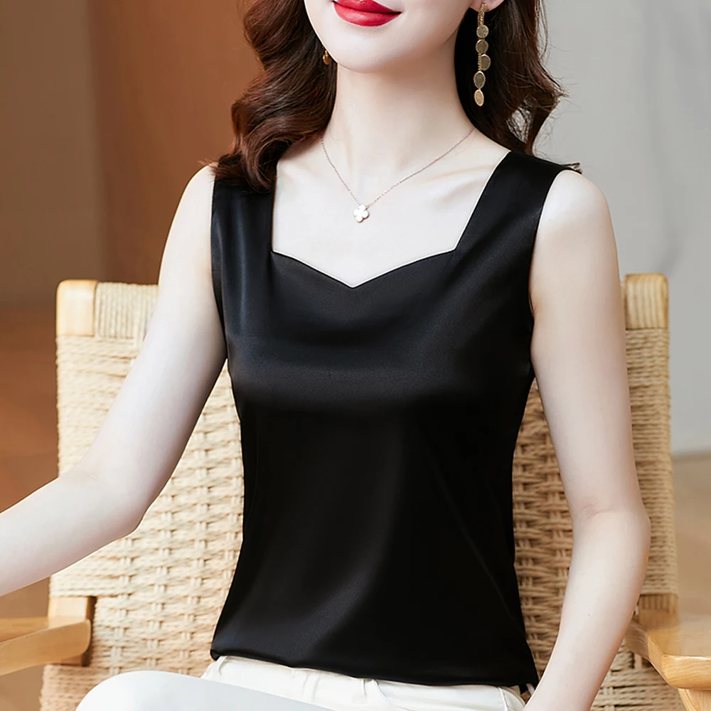 קוריאני אופנה קיץ משי גופיות נשים ליידי משרד מוצק סאטן פיג ' אפוד נשי מזדמן חופשי בסיסי צמרות לנשים התמונה 4