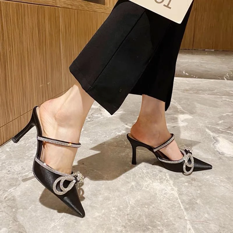 קיץ האופנה ריינסטון יהלומים פרפר-קשר סנדלים עקבים גבוהים הבוהן מחודד נעלי נשים משאבות מסיבת חתונה תכשיטים נעליים התמונה 1