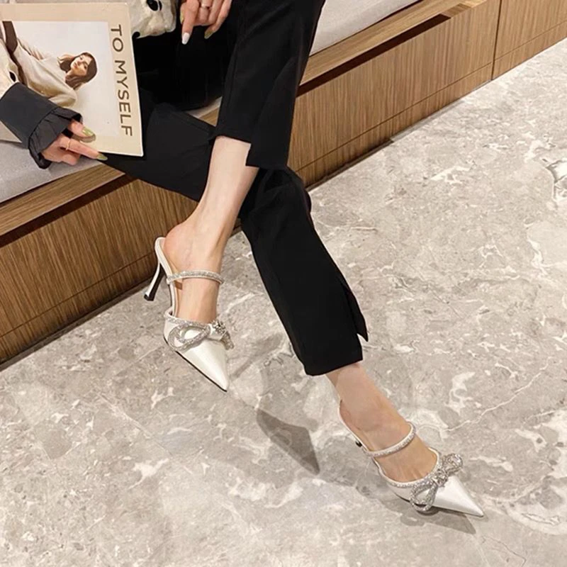 קיץ האופנה ריינסטון יהלומים פרפר-קשר סנדלים עקבים גבוהים הבוהן מחודד נעלי נשים משאבות מסיבת חתונה תכשיטים נעליים התמונה 5